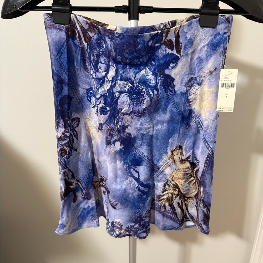 NWT Anthropologie Tilda Mini Slip Skirt, Blue Pattern Sz Small Greek Floral